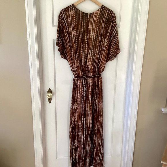 Lane Bryant Printed Faux Wrap Maxi Dress 22W Brown Ruffled Flutter Sheer V-neck - Picture 10 of 13